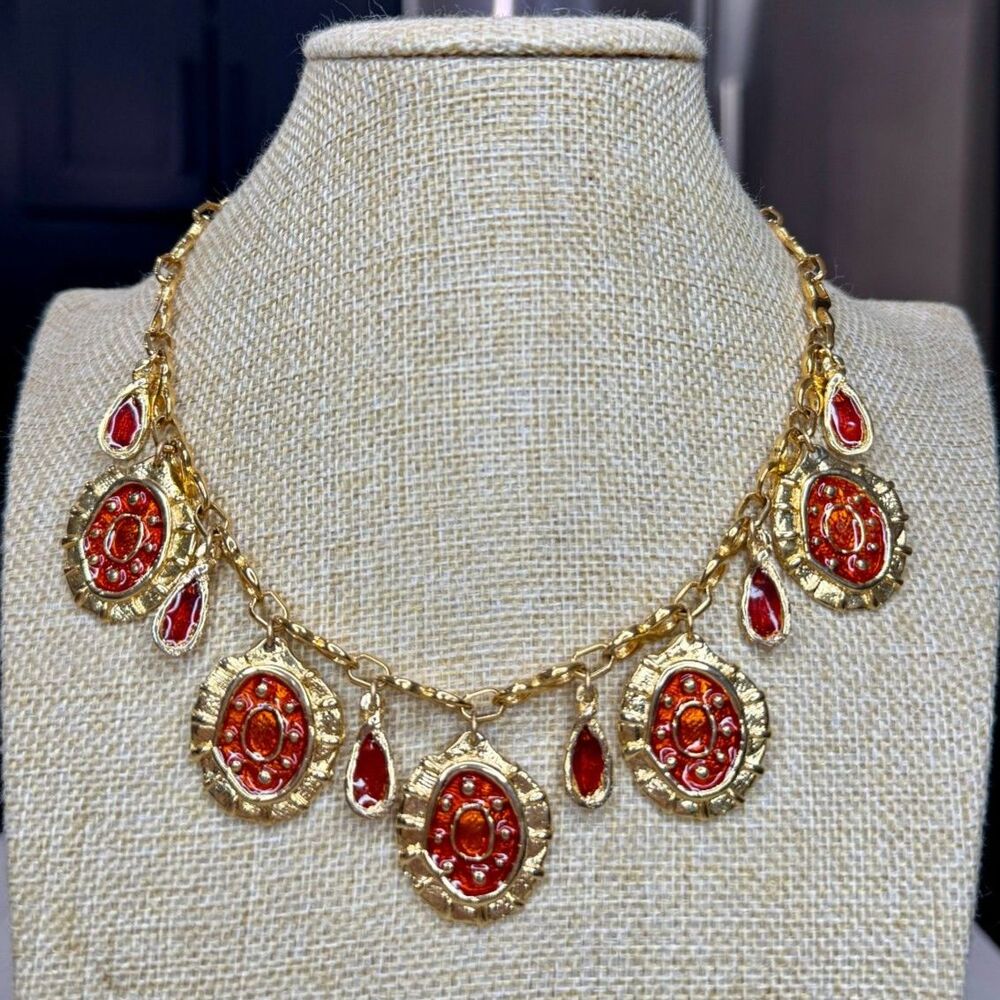Rare Evelyne Alay Vintage Red Enamel Charm Bib Necklace | 1990s Couture